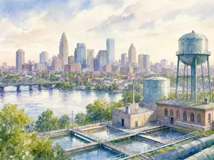 American Water Works US0304201033 Stadtpanorama mit Wasserturm und Fluss in zarter Aquarell Optik - Foto: THN