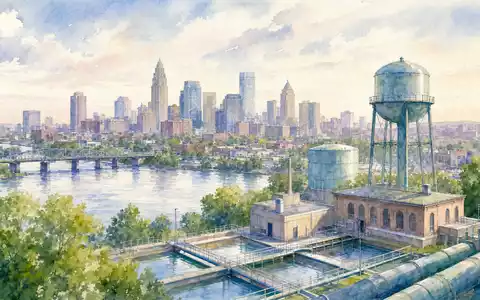 American Water Works US0304201033 Stadtpanorama mit Wasserturm und Fluss in zarter Aquarell Optik - Foto: THN