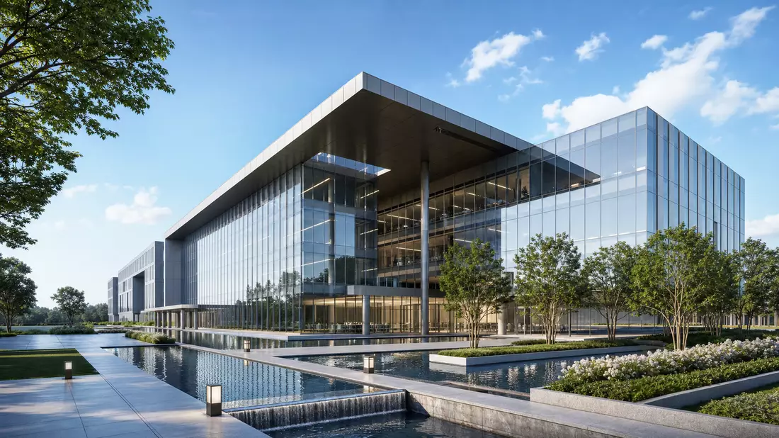 Fotorealistisches Architektur-Rendering eines modernen Versorger-Bürogebäudes mit Wasserfeatures