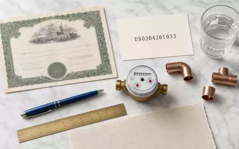 American Water Works Flatlay mit Aktien Zertifikat Wasser Zähler Kupfer Rohr und ISIN US0304201033 - Foto: THN