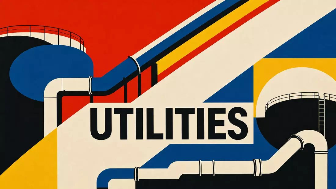 Bauhaus-Poster mit geometrischen Formen, Rohren, Tanks und UTILITIES-Schriftzug in Primärfarben
