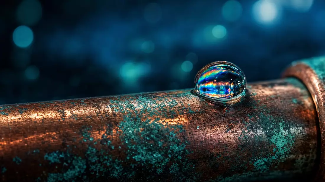 Extremes Makrofoto eines Wassertropfens auf patiniertem Kupferrohr mit Lichtreflexen