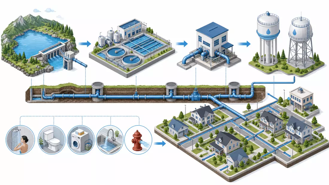 Isometrische 3D-Illustration der Wertschöpfungskette: Reservoir, Aufbereitung, Verteilung, Haushalt