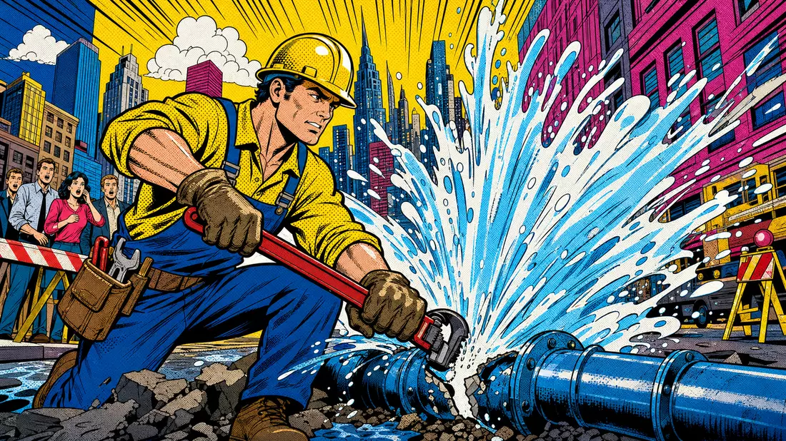 Pop-Art-Comic eines Technikers bei der dramatischen Reparatur eines Wasserrohrbruchs in der Stadt
