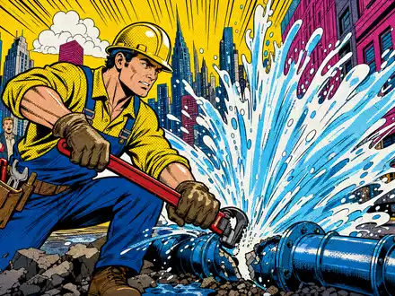 American Water Works US0304201033 Pop Art Comic zeigt Techniker bei Rohr Reparatur in der Stadt - Foto: THN