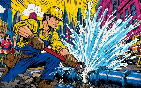 American Water Works US0304201033 Pop Art Comic zeigt Techniker bei Rohr Reparatur in der Stadt - Foto: THN