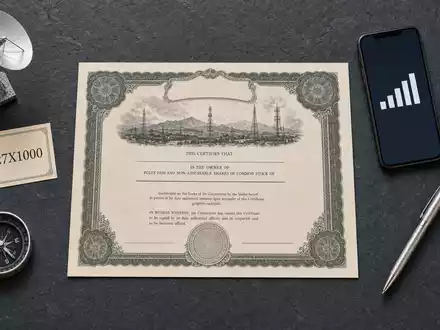 American Tower Corp. Flatlay mit Aktienzertifikat, ISIN-Karte US03027X1000 und Antennenmodell auf Schiefer - Foto: THN