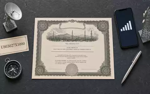 American Tower Corp. Flatlay mit Aktienzertifikat, ISIN-Karte US03027X1000 und Antennenmodell auf Schiefer - Foto: THN