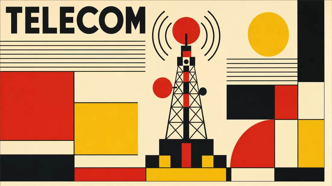 Bauhaus-Poster geometrischer Funkturm in Rot Schwarz Gelb mit TELECOM-Text