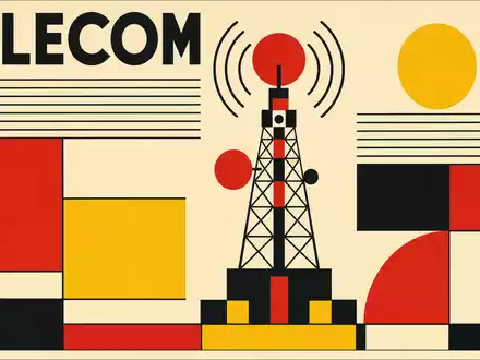 American Tower Corp. als Bauhaus-Poster mit TELECOM-Text und geometrischem Turm, ISIN US03027X1000 - Foto: THN