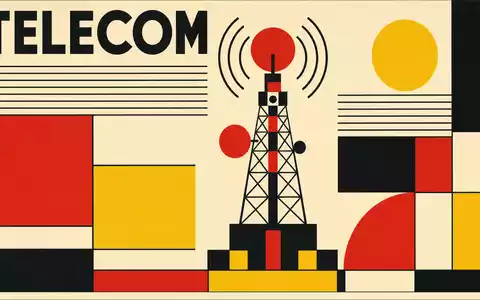 American Tower Corp. als Bauhaus-Poster mit TELECOM-Text und geometrischem Turm, ISIN US03027X1000 - Foto: THN