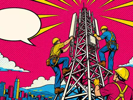 American Tower Corp. als Pop-Art-Comic mit Monteuren am Funkturm, Wertpapier US03027X1000 bunt dargestellt - Foto: THN