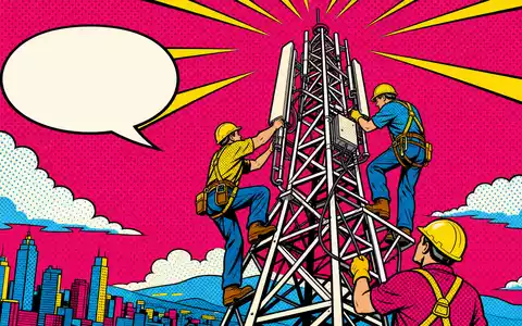 American Tower Corp. als Pop-Art-Comic mit Monteuren am Funkturm, Wertpapier US03027X1000 bunt dargestellt - Foto: THN