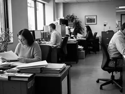 Schwarzweiße Reportage-Aufnahme von Angestellten im Büroalltag, sinnbildlich für Assicurazioni Generali S.p.A., ISIN IT0000062072, dokumentarisch fotografiert - Foto: THN