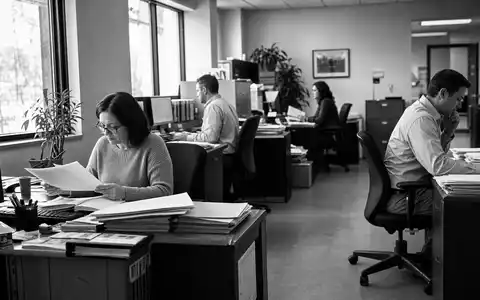 Schwarzweiße Reportage-Aufnahme von Angestellten im Büroalltag, sinnbildlich für Assicurazioni Generali S.p.A., ISIN IT0000062072, dokumentarisch fotografiert - Foto: THN