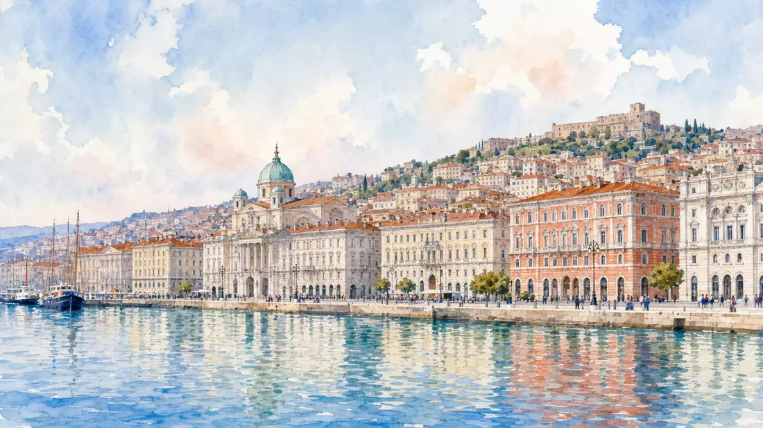 Aquarellbild der Uferpromenade von Triest mit historischen Gebäuden und Segelbooten