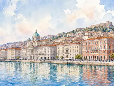 Aquarellmalerei der Hafenstadt Triest, Heimatstadt von Assicurazioni Generali S.p.A., ISIN IT0000062072, Fassaden am Meer - Foto: THN