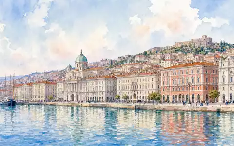 Aquarellmalerei der Hafenstadt Triest, Heimatstadt von Assicurazioni Generali S.p.A., ISIN IT0000062072, Fassaden am Meer - Foto: THN
