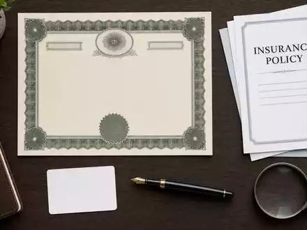 Flatlay-Arrangement mit Aktienzertifikat, ISIN-Karte und Versicherungsdokumenten, symbolisch für Assicurazioni Generali S.p.A., ISIN IT0000062072, ordentlich drapiert - Foto: THN