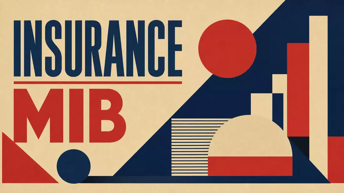 Bauhaus-Poster mit geometrischen Formen und den Wörtern INSURANCE und MIB in Blau Rot