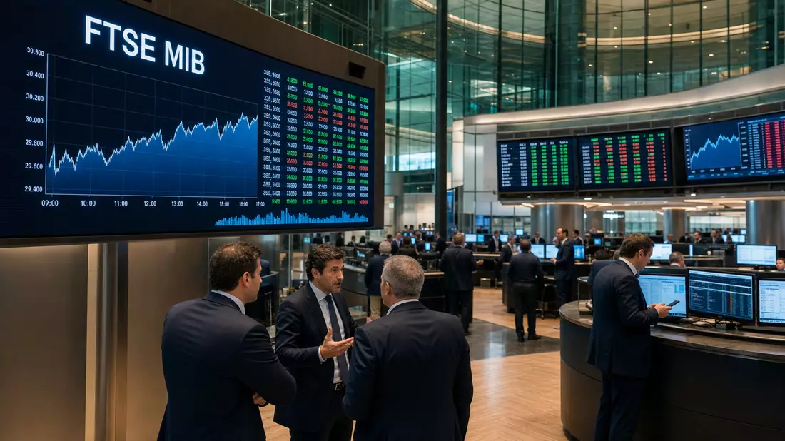 Trader diskutieren vor großen Bildschirmen mit FTSE MIB Kurscharts im Handelsraum
