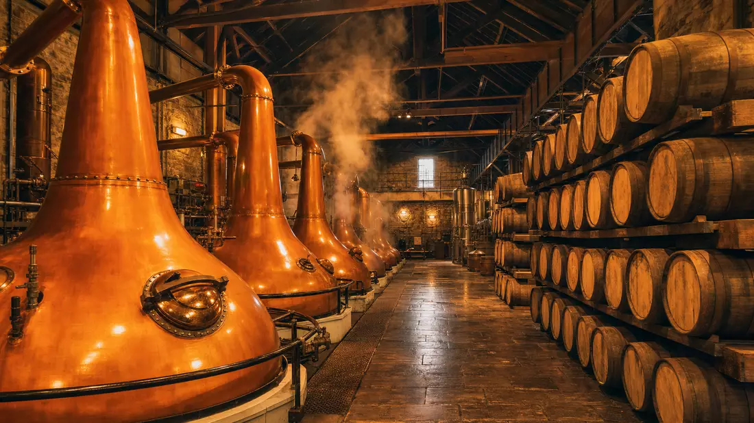 Fotorealistische schottische Whisky-Destillerie mit Kupferkesseln und Eichenfässern