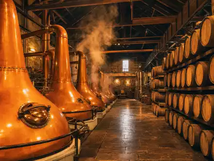 Diageo plc GB0002374006 zeigt fotorealistisch eine schottische Destillerie mit Kupferbrennblasen und Eichenfässern im warmen Licht - Foto: THN