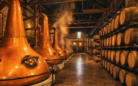 Diageo plc GB0002374006 zeigt fotorealistisch eine schottische Destillerie mit Kupferbrennblasen und Eichenfässern im warmen Licht - Foto: THN