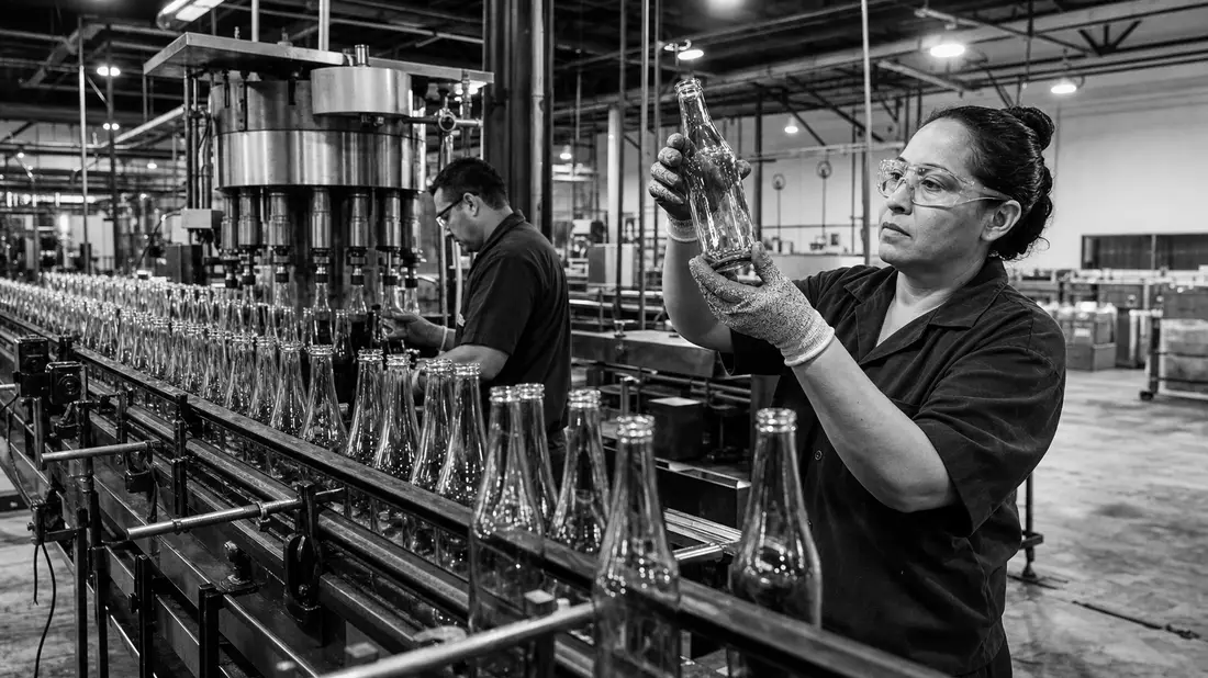 Schwarzweiß-Reportage einer Getränke-Abfüllanlage mit prüfenden Arbeitern an Glasflaschen