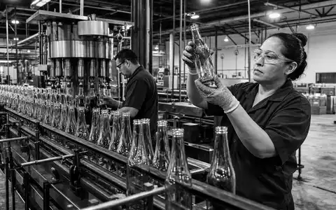 Diageo plc GB0002374006 dokumentiert schwarzweiĂ eine AbfĂŒllanlage, in der Arbeiter unbeschriftete Glasflaschen auf QualitĂ€t prĂŒfen - Foto: THN