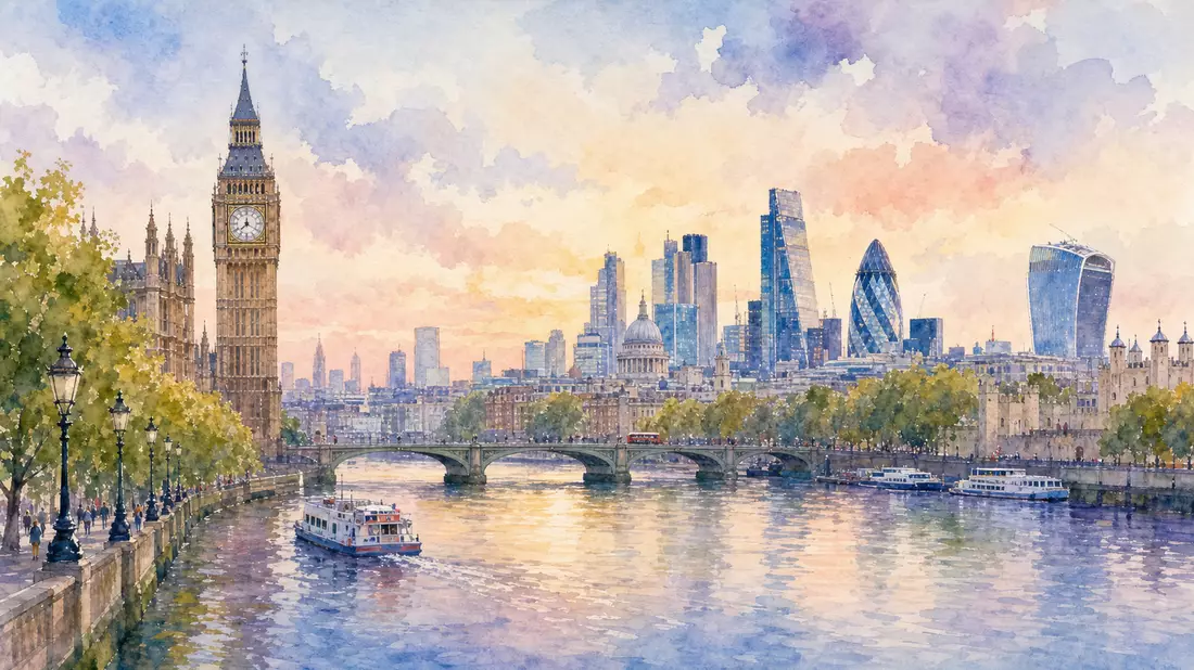 Aquarellmalerei der Londoner Skyline mit Themse und historischen Gebäuden