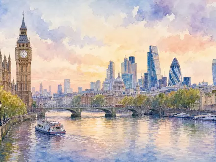 Diageo plc GB0002374006 präsentiert die Londoner Skyline mit Themse in zarter Aquarell-Malerei bei sanftem Abendlicht - Foto: THN