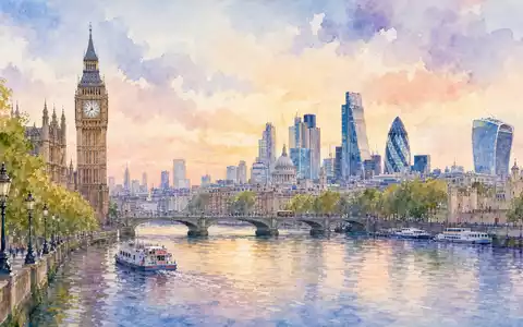 Diageo plc GB0002374006 präsentiert die Londoner Skyline mit Themse in zarter Aquarell-Malerei bei sanftem Abendlicht - Foto: THN
