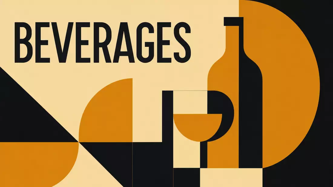 Bauhaus-Poster mit geometrischen Flaschenformen und dem Schriftzug BEVERAGES