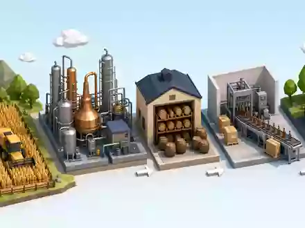 Diageo plc GB0002374006 visualisiert isometrisch die Wertschöpfungskette vom Getreidefeld über Destillation bis zur fertigen Abfüllung - Foto: THN
