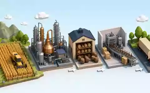 Diageo plc GB0002374006 visualisiert isometrisch die Wertschöpfungskette vom Getreidefeld über Destillation bis zur fertigen Abfüllung - Foto: THN