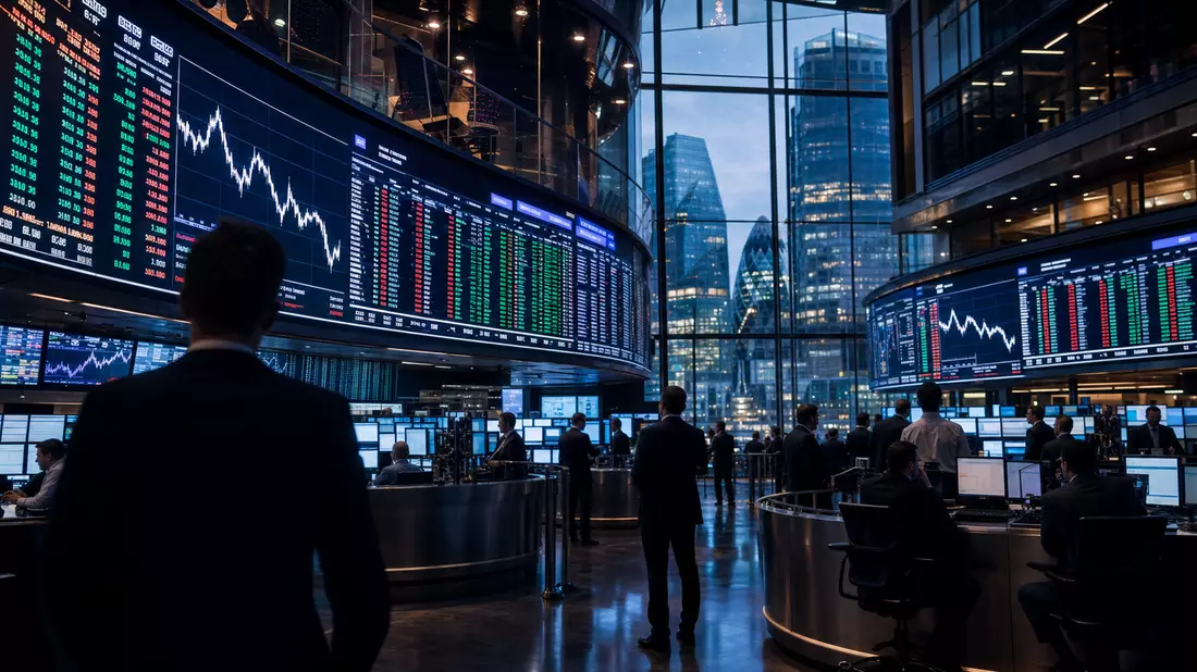Editorial-Aufnahme eines Börsen-Trading-Floors mit großen digitalen Kursdiagrammen