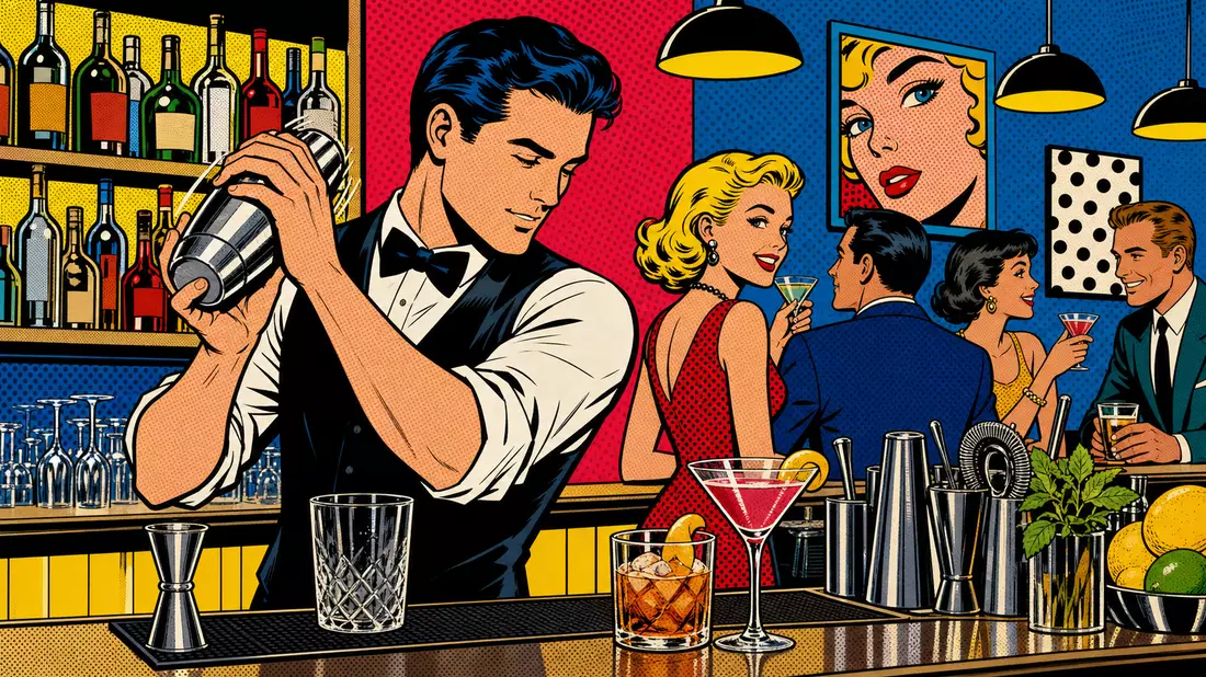 Pop-Art-Comic-Illustration einer Cocktailbar mit Barkeeper und feiernden Gästen