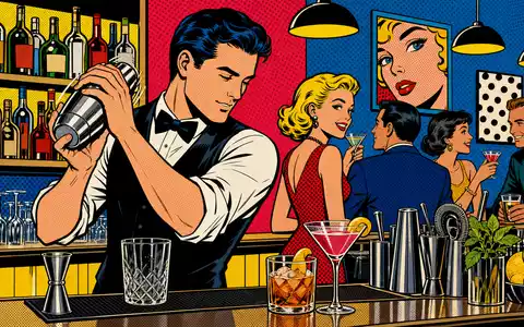 Diageo plc GB0002374006 wird als farbenfrohe Pop-Art-Comic-Szene einer stilvollen Cocktailbar mit mixendem Barkeeper dargestellt - Foto: THN