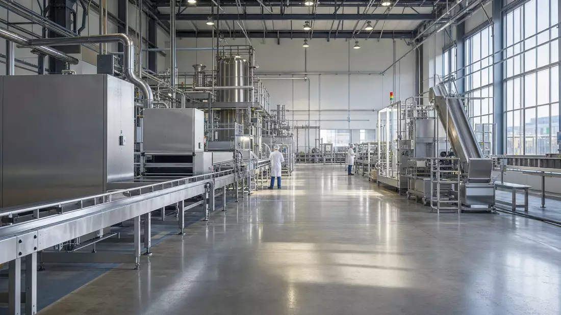 Moderne unbeschriftete Fabrikhalle mit Edelstahlanlagen im Tageslicht, British American Tobacco