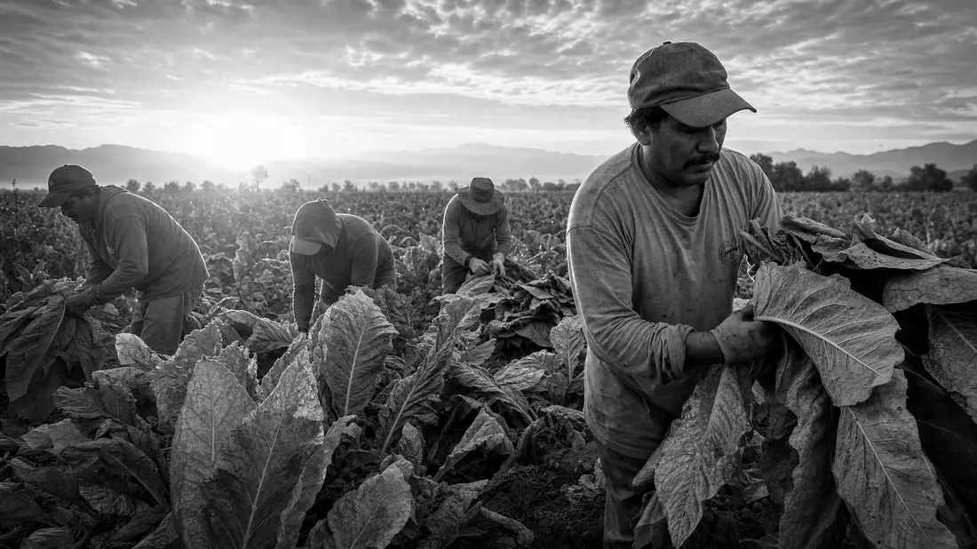 Schwarzweiß-Reportagefoto von Feldarbeitern bei der Ernte auf landwirtschaftlicher Anbaufläche