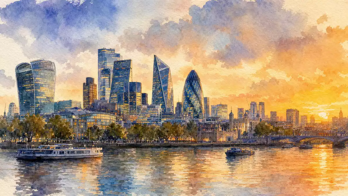 Aquarellmalerei der Londoner Skyline mit Bürotürmen und der Themse bei Sonnenuntergang