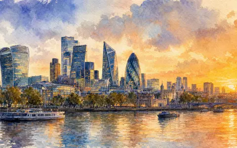 British American Tobacco plc (GB0002875804) präsentiert Londons Finanzdistrikt als stimmungsvolles Aquarellgemälde bei Sonnenuntergang - Foto: THN