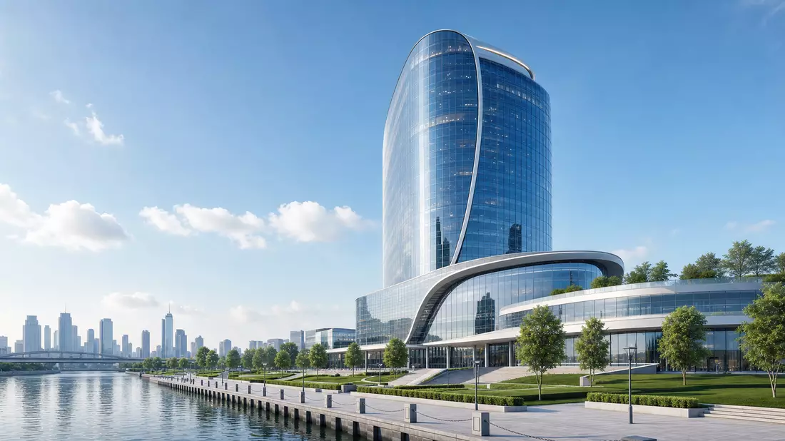 Architektonisches 3D-Rendering eines modernen gläsernen Firmenhauptsitzes am Flussufer