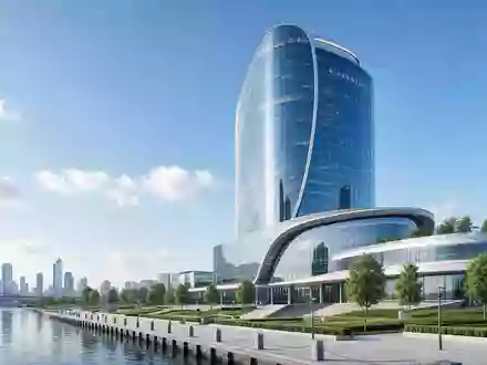 British American Tobacco plc (GB0002875804) illustriert ein futuristisches Unternehmens-Hochhaus als modernes Architektur-Rendering am Flussufer - Foto: THN