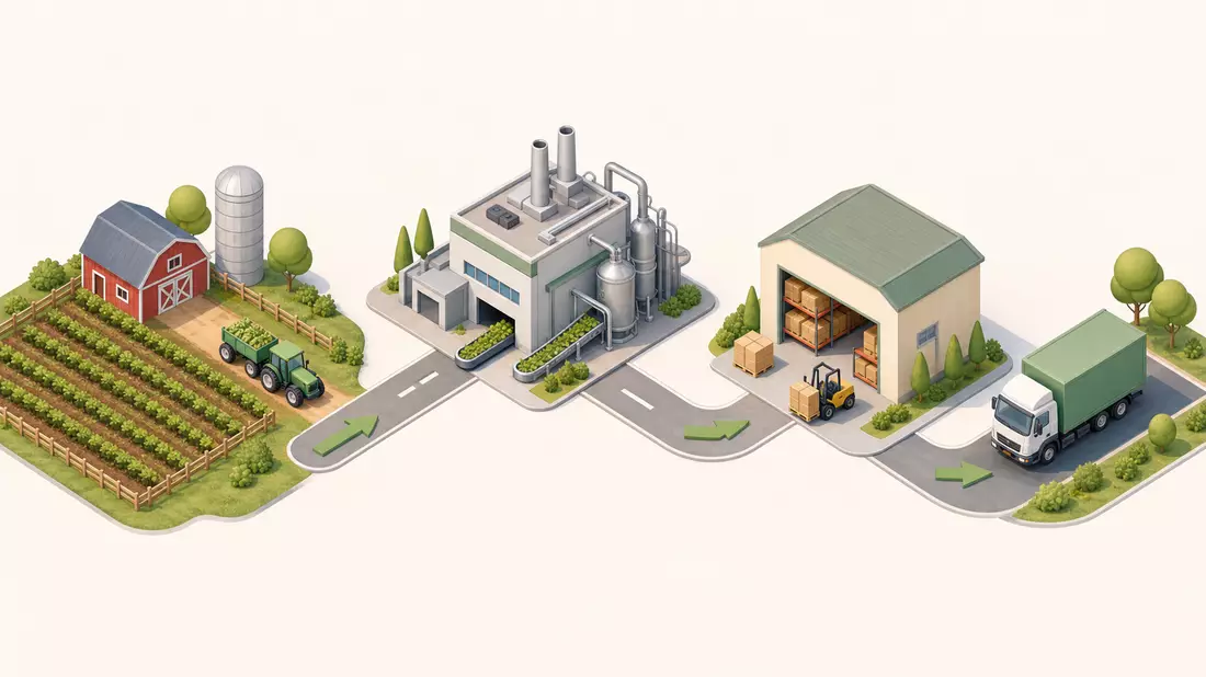 Isometrische 3D-Illustration einer Lieferkette von Feld über Fabrik bis zum Vertriebszentrum