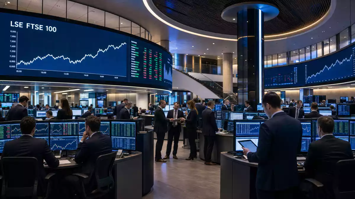Trading-Floor mit großen Bildschirmen, Kursdiagrammen und dem Kürzel LSE im Hintergrund