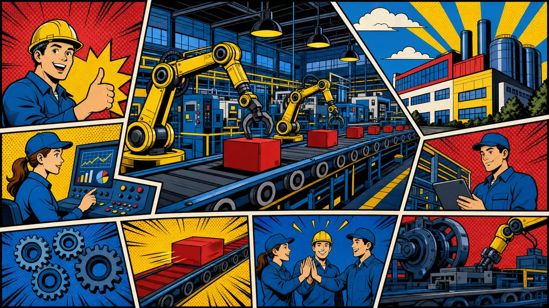 Pop-Art-Comic-Illustration einer Fabrikszene mit Halbtonpunkten und knalligen Farben