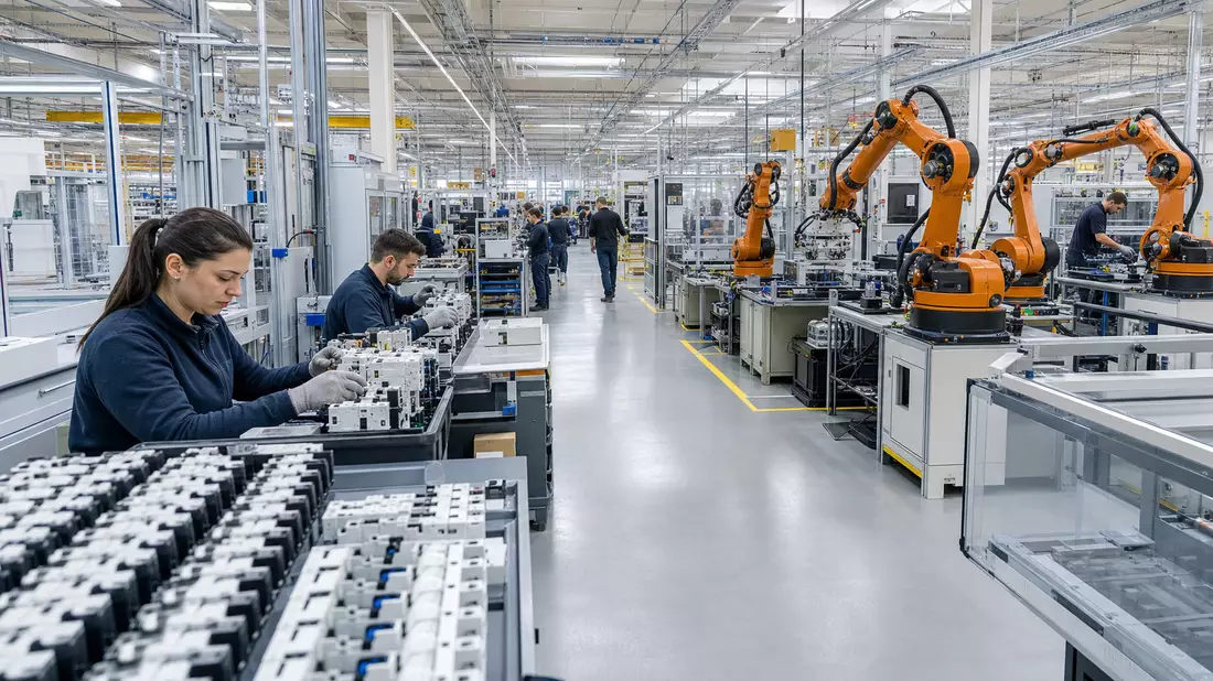 Moderne Fabrikhalle mit Robotern und Arbeitern bei Montage elektrischer Bauteile