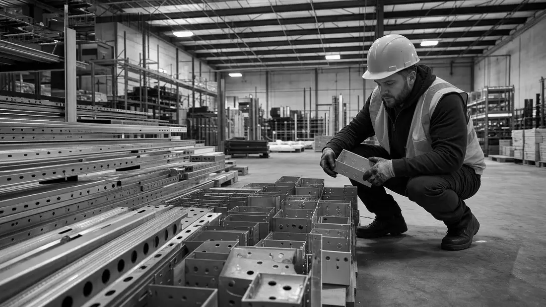 Schwarzweißfoto: Arbeiter mit Helm prüft Metallgehäuse im Lager